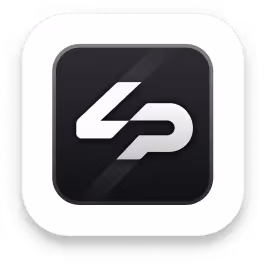 Black square app icon with stylized white letters '4P' on a gray background.