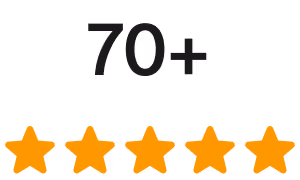 Text '70+' above five orange stars representing a high rating.