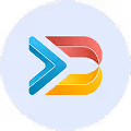 Colorful abstract logo with overlapping shapes in blue, red, and yellow on a light gray circular background.
