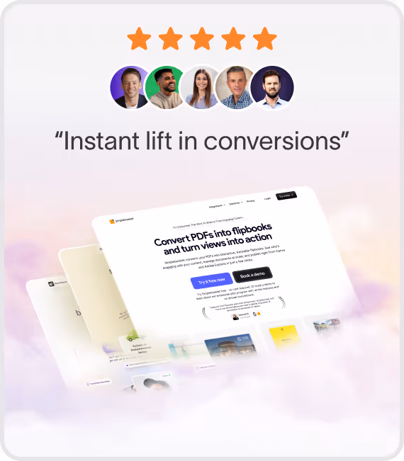 Five orange stars above five user profile pictures and the quote 'Instant lift in conversions'.
