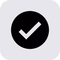Black circle with a white check mark inside on a rounded light gray square background.
