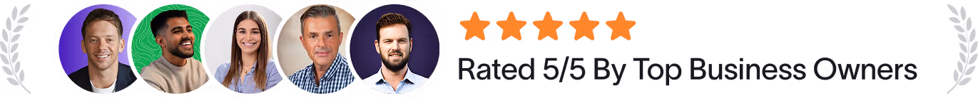 Five diverse business professionals smiling with a five-star rating and text reading 'Rated 5/5 by Top Business Owners' with laurel wreaths on each side.