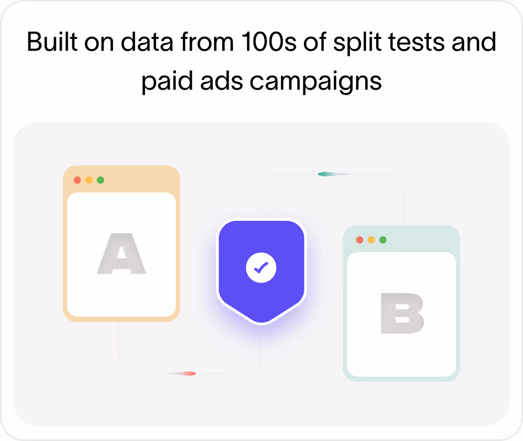 Illustration showing split test windows labeled A and B with a blue shield and check mark between them representing verified data from paid ads campaigns.