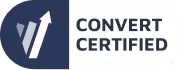 Convert Certified badge with upward trending arrow symbol and text.