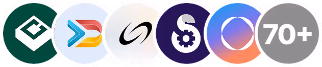 Six colorful circular tech brand or service icons aligned horizontally, including a green icon with a white angular symbol, a blue and orange layered arrow, a black stylized swirl, a purple gear and dollar sign, a gradient orange and blue overlapping circle, and a grey circle with '70+' in white text.