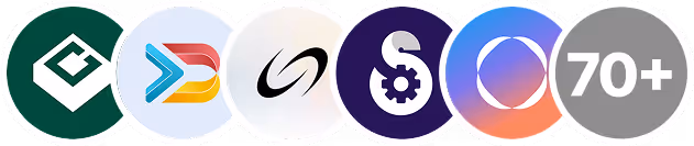 A row of six circular icons representing various technology or app logos, with the last one showing '70+'.