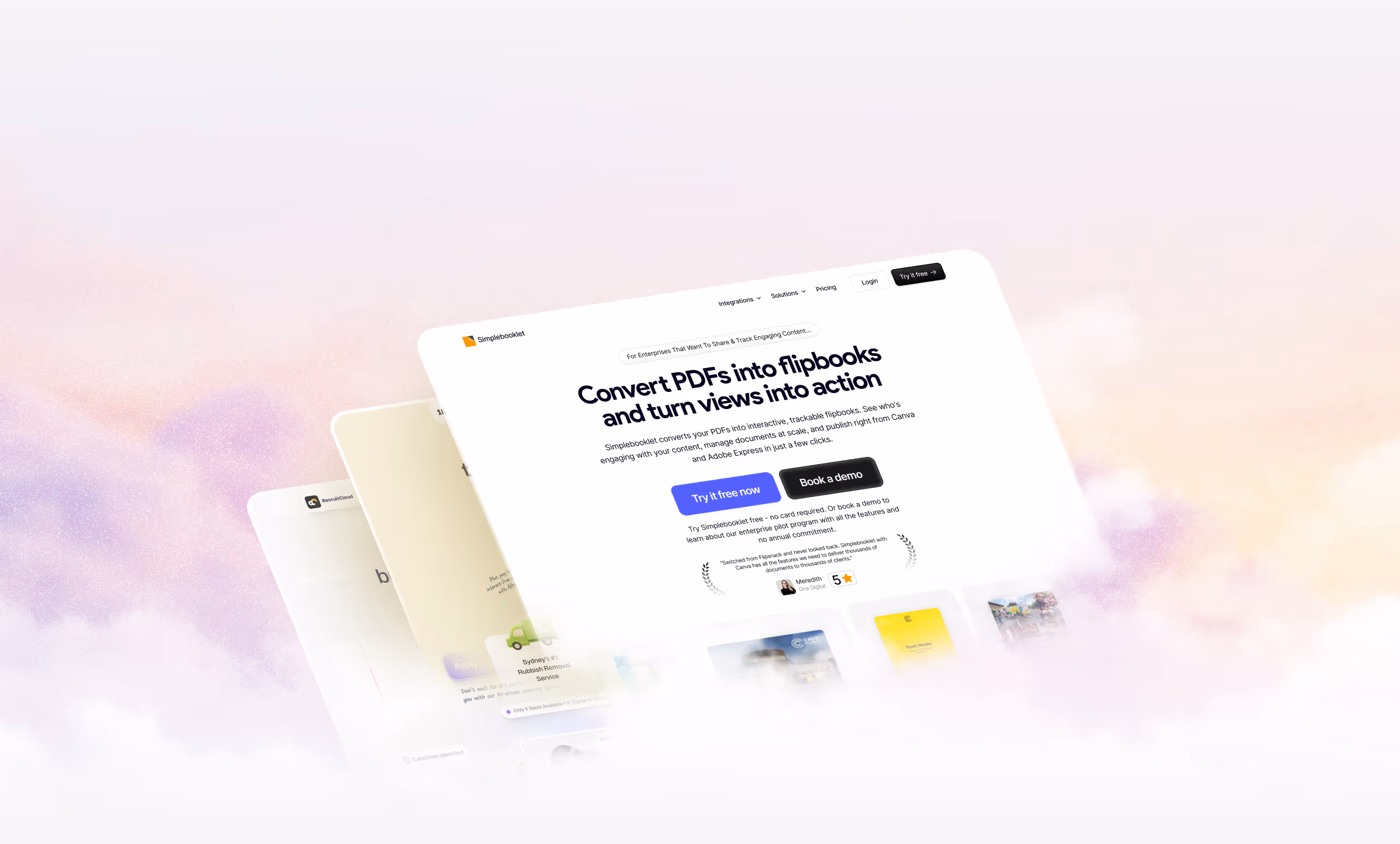 Stacked digital screens displaying a website for converting PDFs into interactive flipbooks with call-to-action buttons on a soft pastel background.