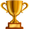 Golden trophy cup with handles on a wooden base.