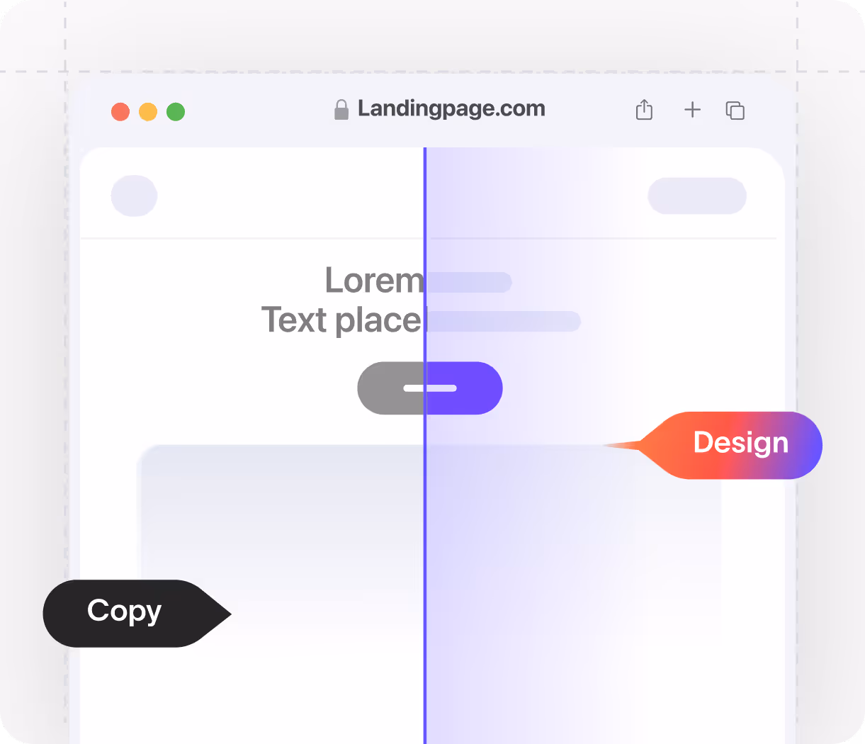 Website interface split in half showing 'Copy' on the left side and 'Design' on the right side with blurred text placeholders.
