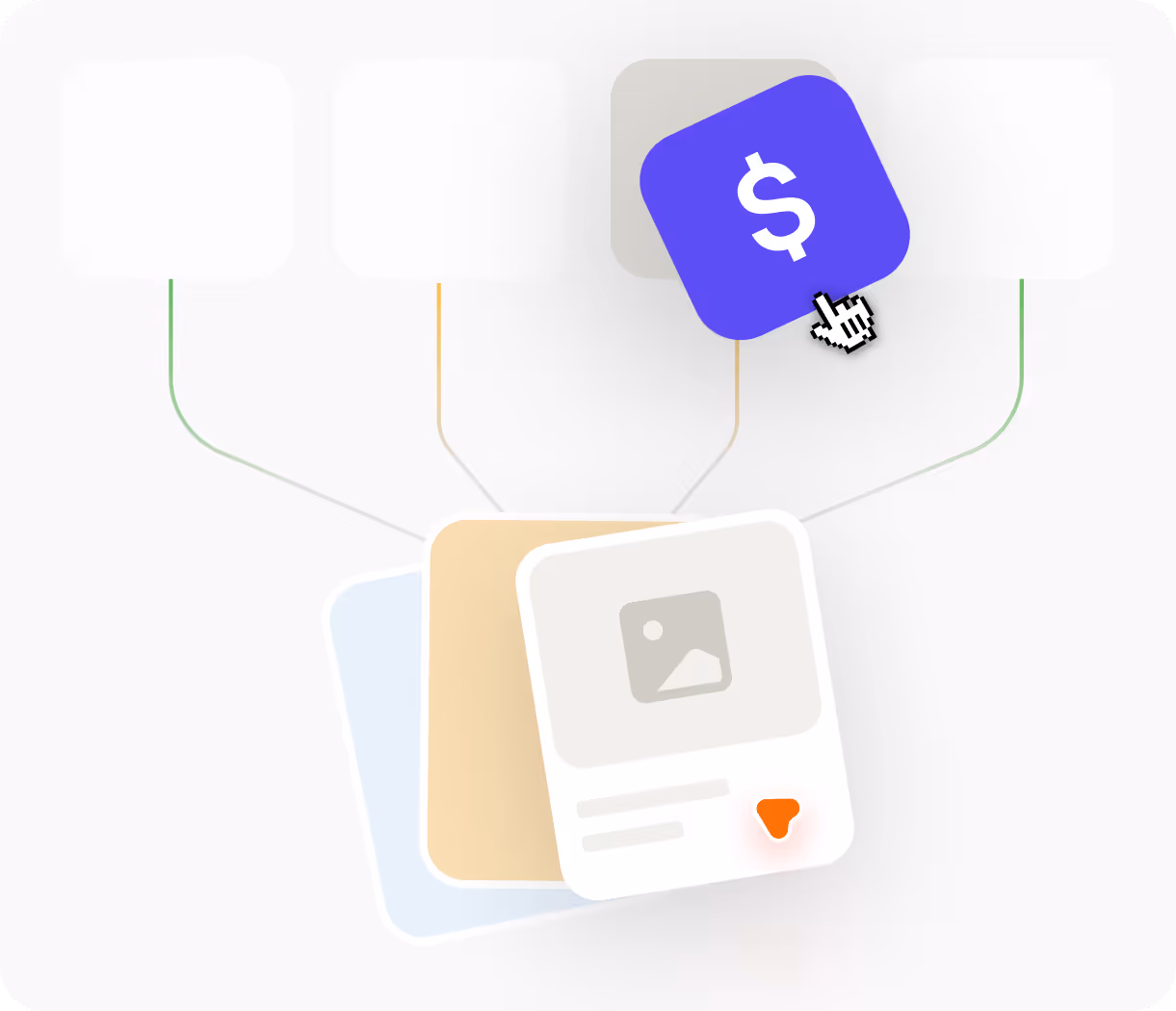 Cursor clicking on a purple square with a dollar sign above three overlapping cards with abstract content.